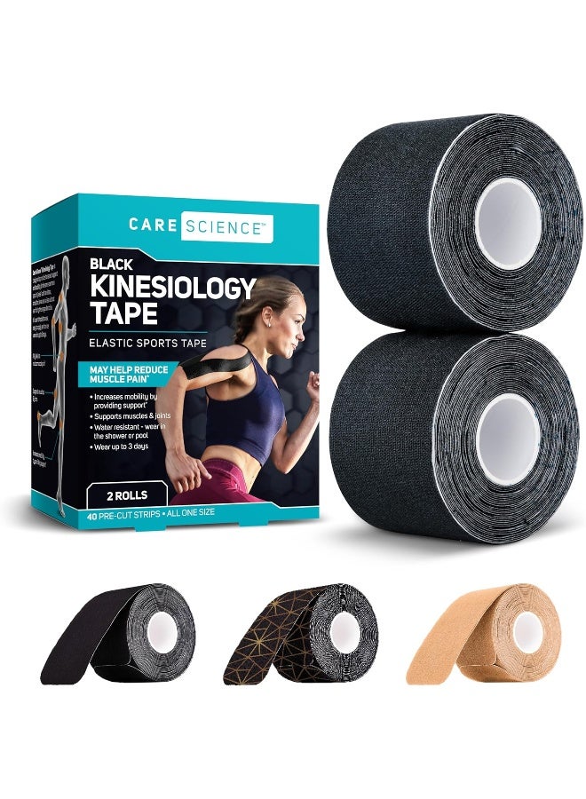 Care Science Waterproof Kinesiology Tape, 40 ct Precut Strips (2 Rolls), Black - Image 1